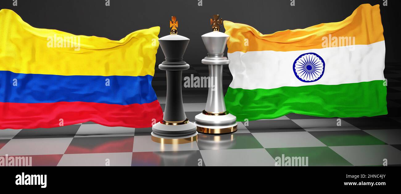 Colombia India parla, incontra o commerci tra quei due paesi che mirano a risolvere questioni politiche, simboleggiate da un gioco di scacchi con fla nazionale Foto Stock