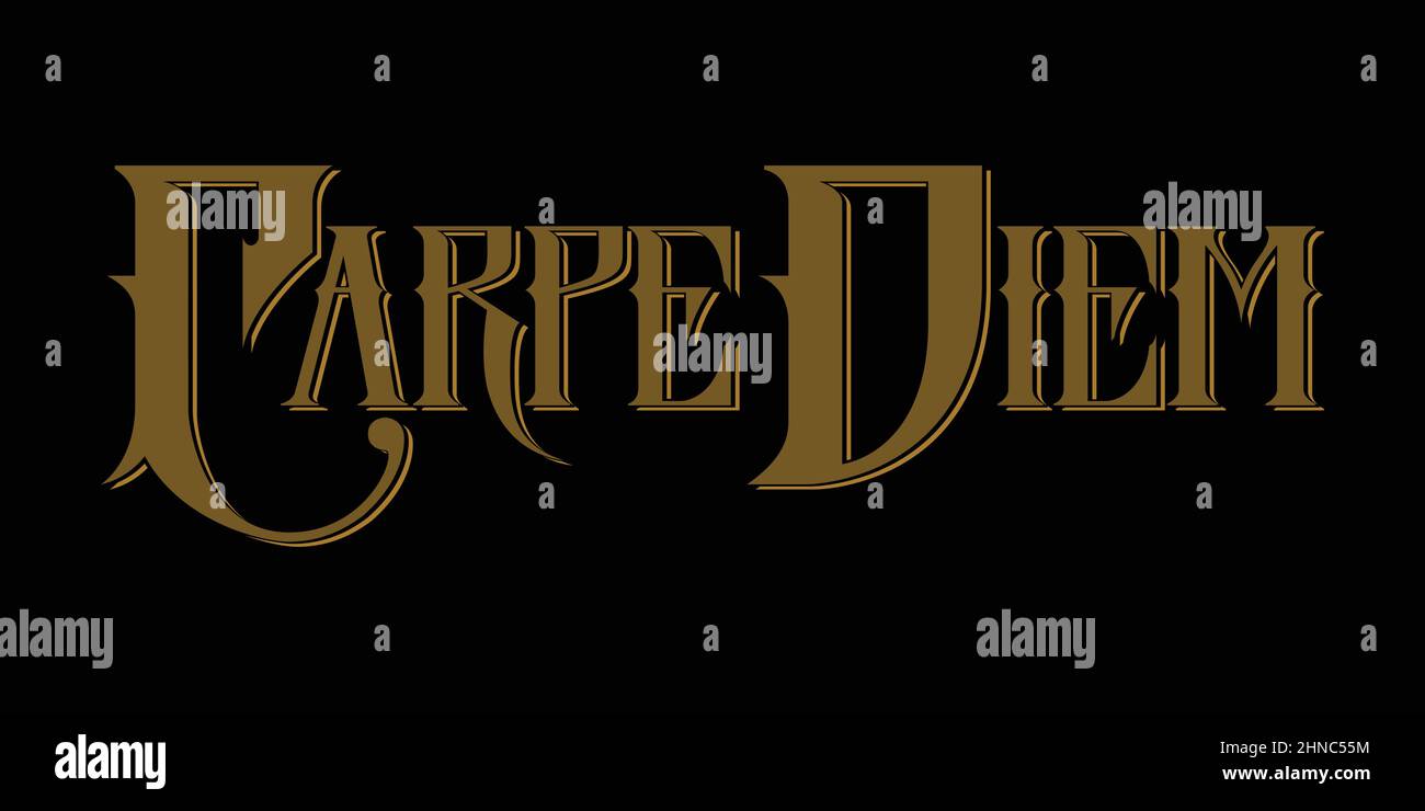 Carpe Diem. Logo tipografico di design emblema. Illustrazione del logo digitale con lettere a mano. Illustrazione Vettoriale