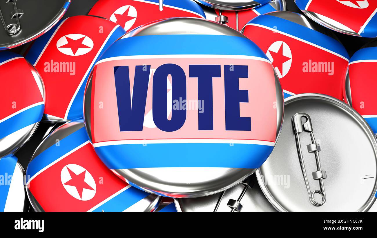 Corea la Repubblica popolare Democratica di e votare - decine di pulsanti con una bandiera di Corea la Repubblica popolare Democratica di simbolizzare EV imminente Foto Stock