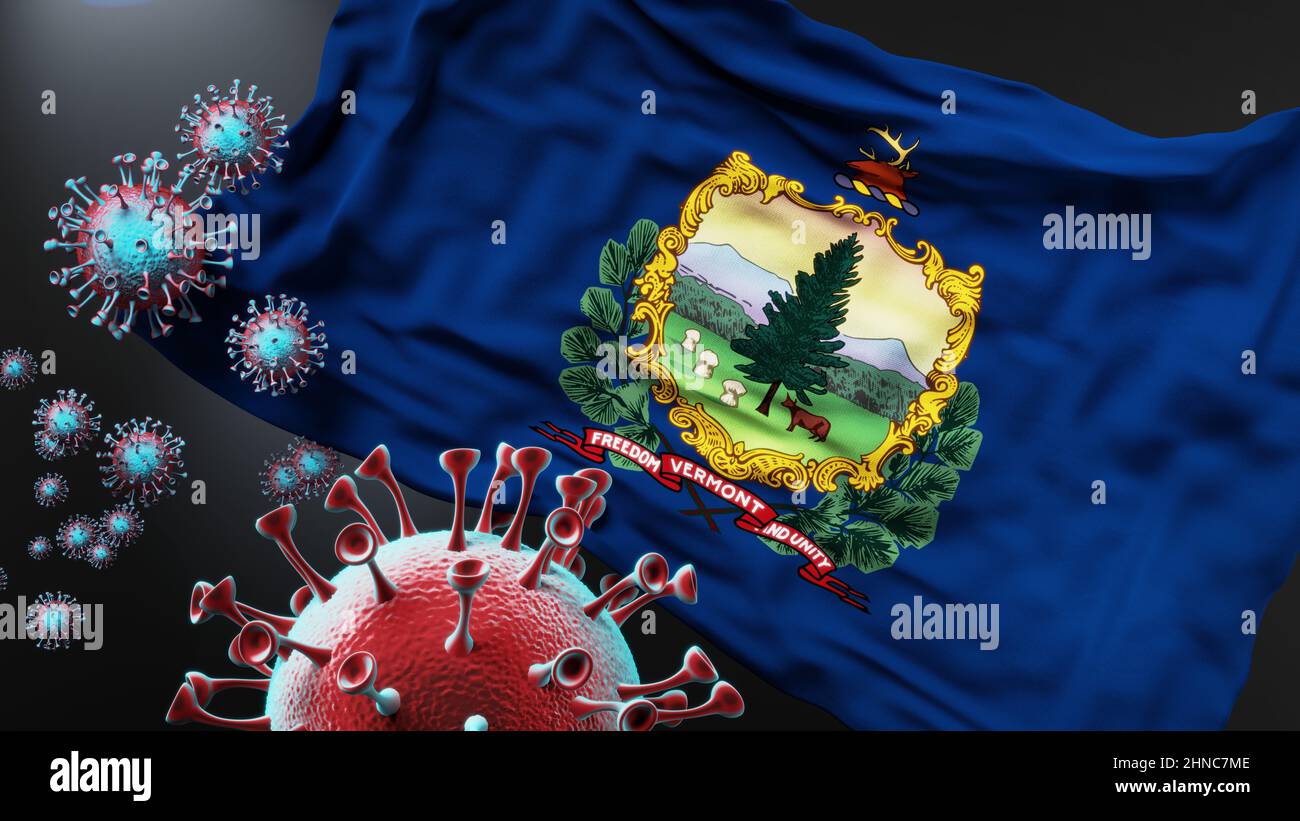 Vermont e covid pandemic - virus che attacca una bandiera di stato del Vermont come simbolo di una lotta e lotta con il virus pandemic in questo stato, 3D malati Foto Stock
