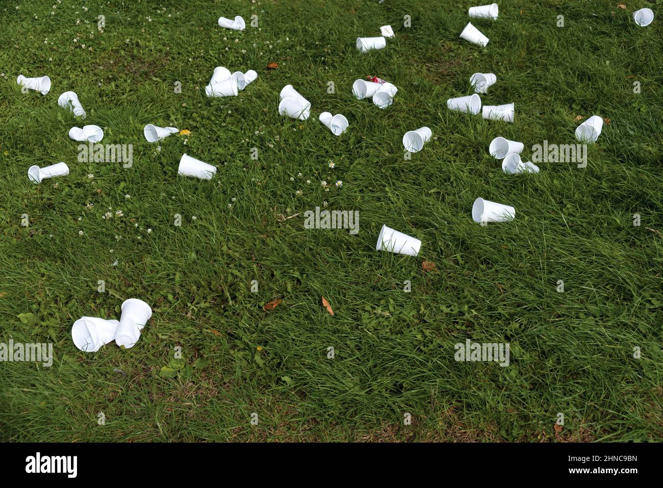 Stoviglie monouso in plastica su erba verde. Inquinamento ambientale Foto Stock