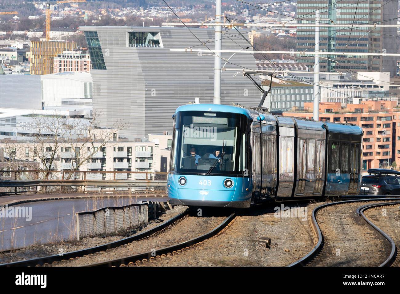 Oslo 20220215.i nuovi tram SL 18 sono in programma tra Skoyen e Ljabru. Il tram è sempre più visto in città. Foto: Terje Pedersen / NTB Foto Stock