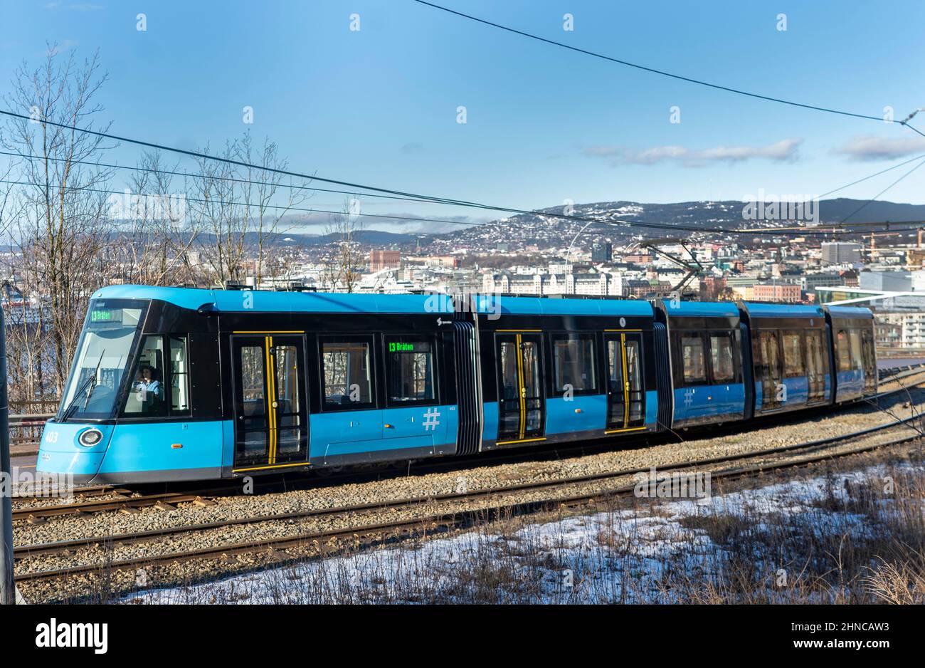 Oslo 20220215.i nuovi tram SL 18 sono in programma tra Skoyen e Ljabru. Il tram è sempre più visto in città. Foto: Terje Pedersen / NTB Foto Stock