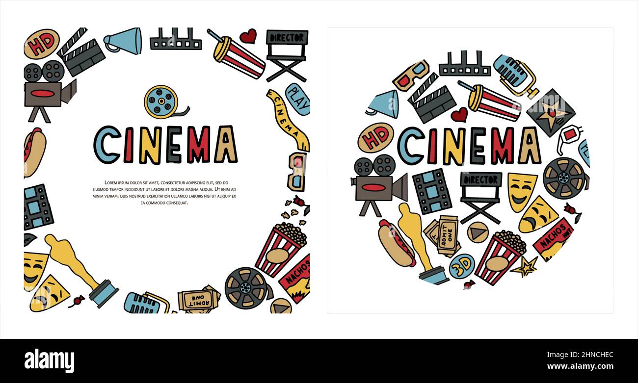 Cinema, spettacoli televisivi, serie e film Funny Doodle Vector Set. Illustrazione colorata disegnata a mano. Imposta per podcast, premi e radio. Sfondo Illustrazione Vettoriale