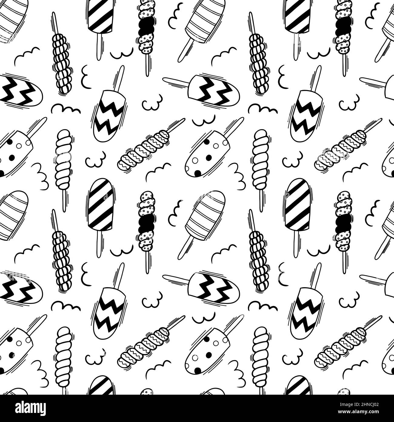 Popsicles doodle modello senza cuciture. Contorni neri caramelle sfondo vettoriale senza cuciture. Illustrazione Vettoriale