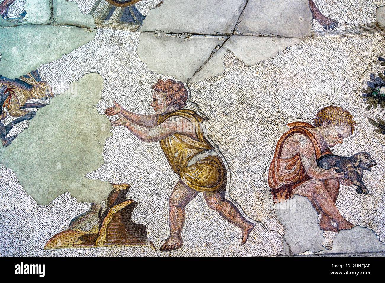Mosaico di ragazzi e animali di epoca bizantina al Grande Palazzo di Costantinopoli. Museo dei mosaici del Grande Palazzo. Istanbul, Turchia. Foto Stock