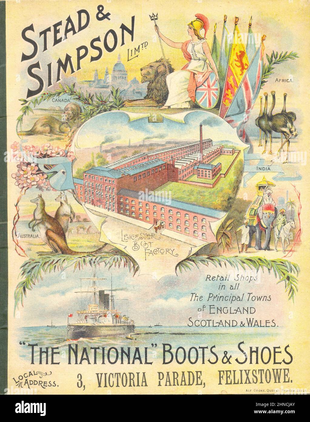 Copertina anteriore di pubblicità calendario blotter per Stead & Simpson Ltd., 'The National' Boots & Shoes, 3 Victoria Parade, Felixstowe, Suffolk 1904 Foto Stock