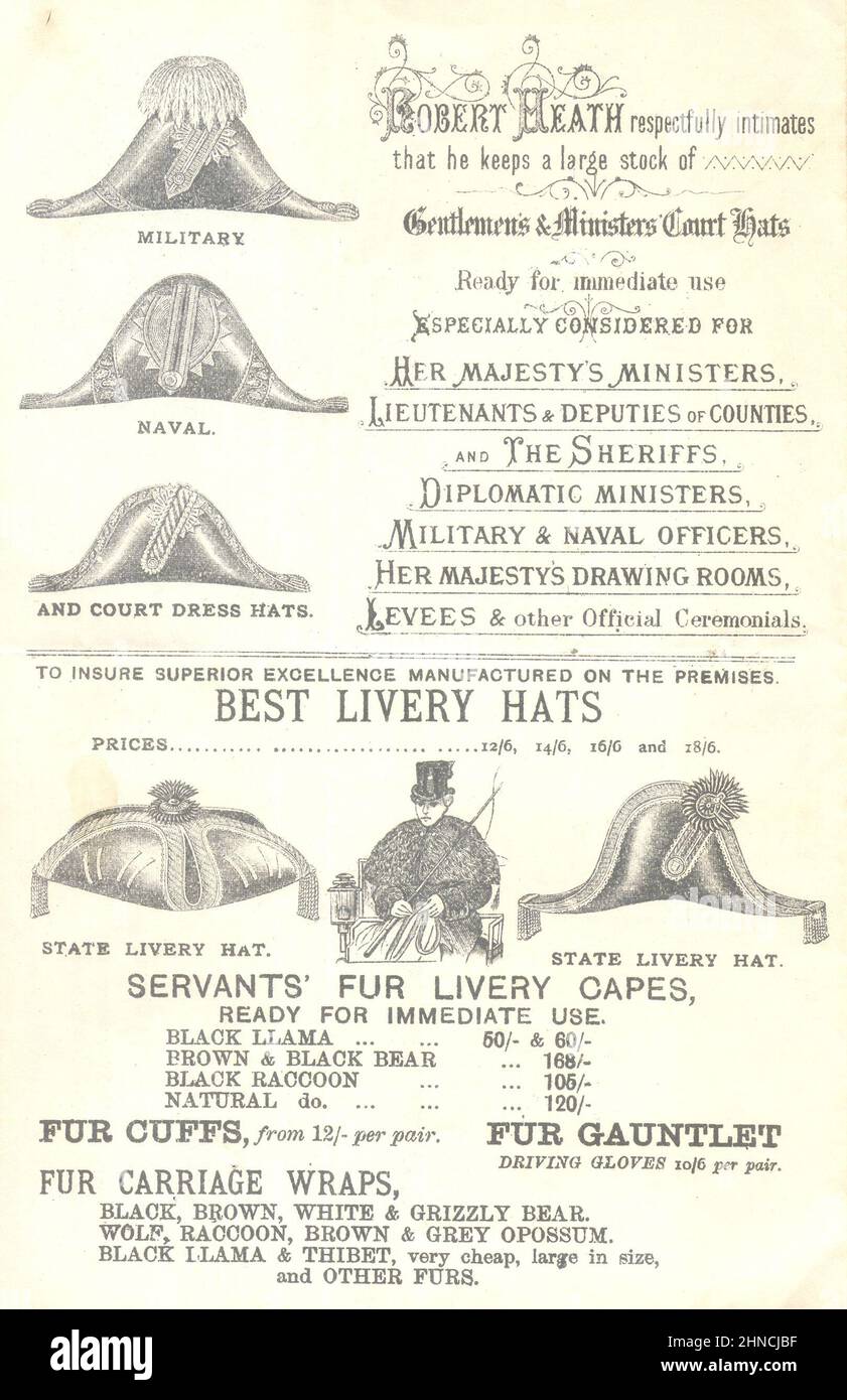 Verso di fattura per Robert Heath, Hat & Cap Manufacturer, 24 & 25 St George's Place, London S W 1899 Foto Stock