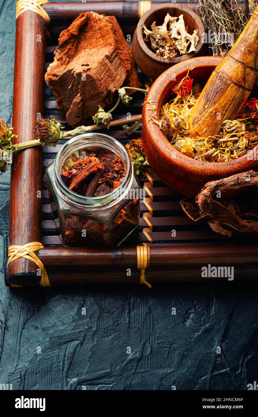 Erbe e piante curative. Set di erbe omeopatiche in un vassoio di legno Foto Stock