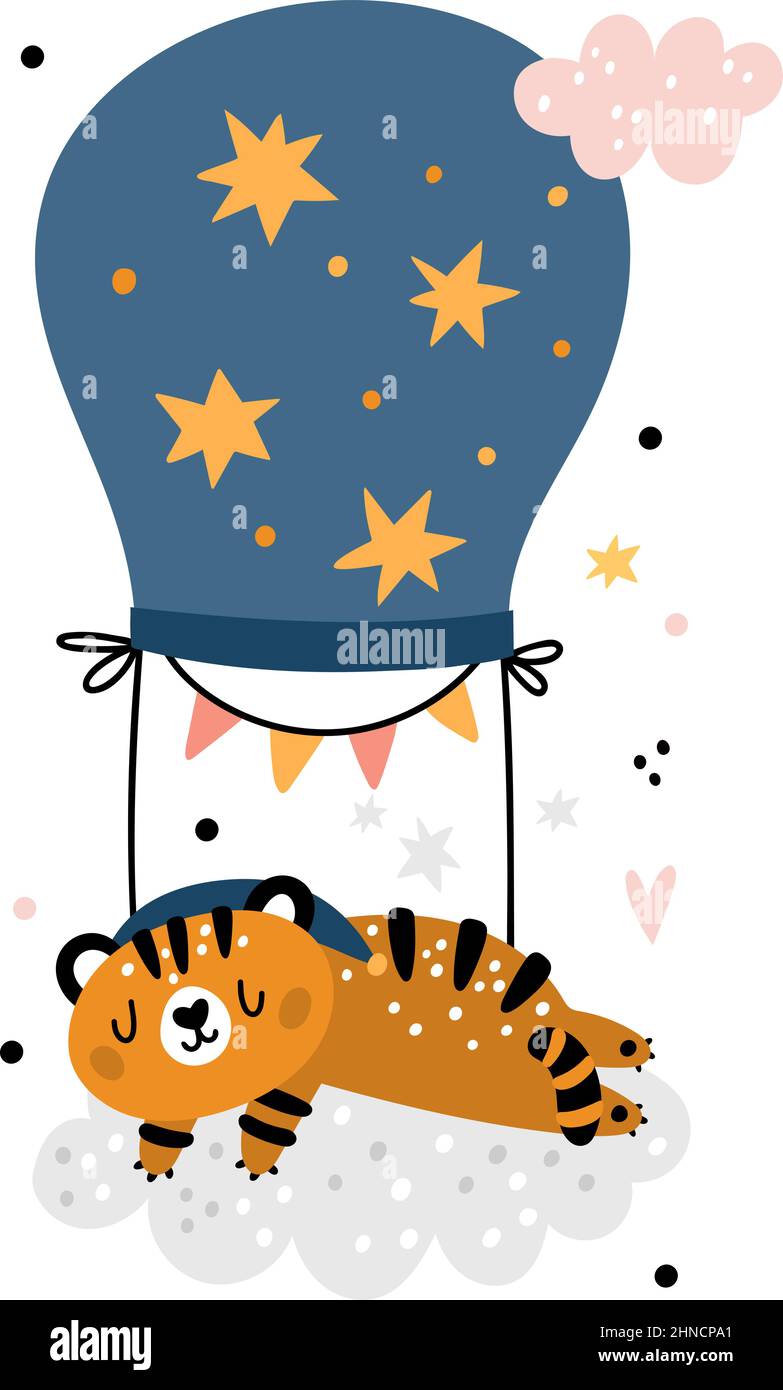 La tigre del bambino dorme sul cloud. Cute stampa animale per tessile o vivaio Illustrazione Vettoriale