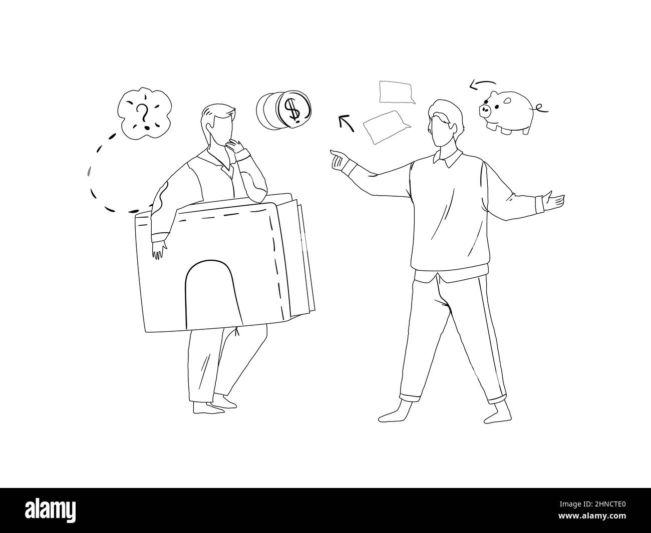 Due uomini che parlano di denaro e vettore di linea finanziaria Illustrazione Vettoriale