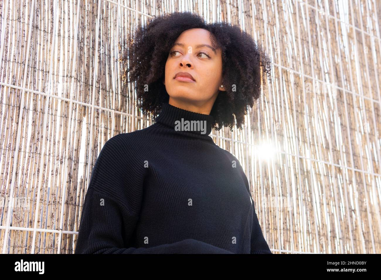 Da sotto affascinante African American femmina con capelli ricci in nero tortleneck in piedi guardando lontano vicino alto muro di bambù sulla strada Foto Stock