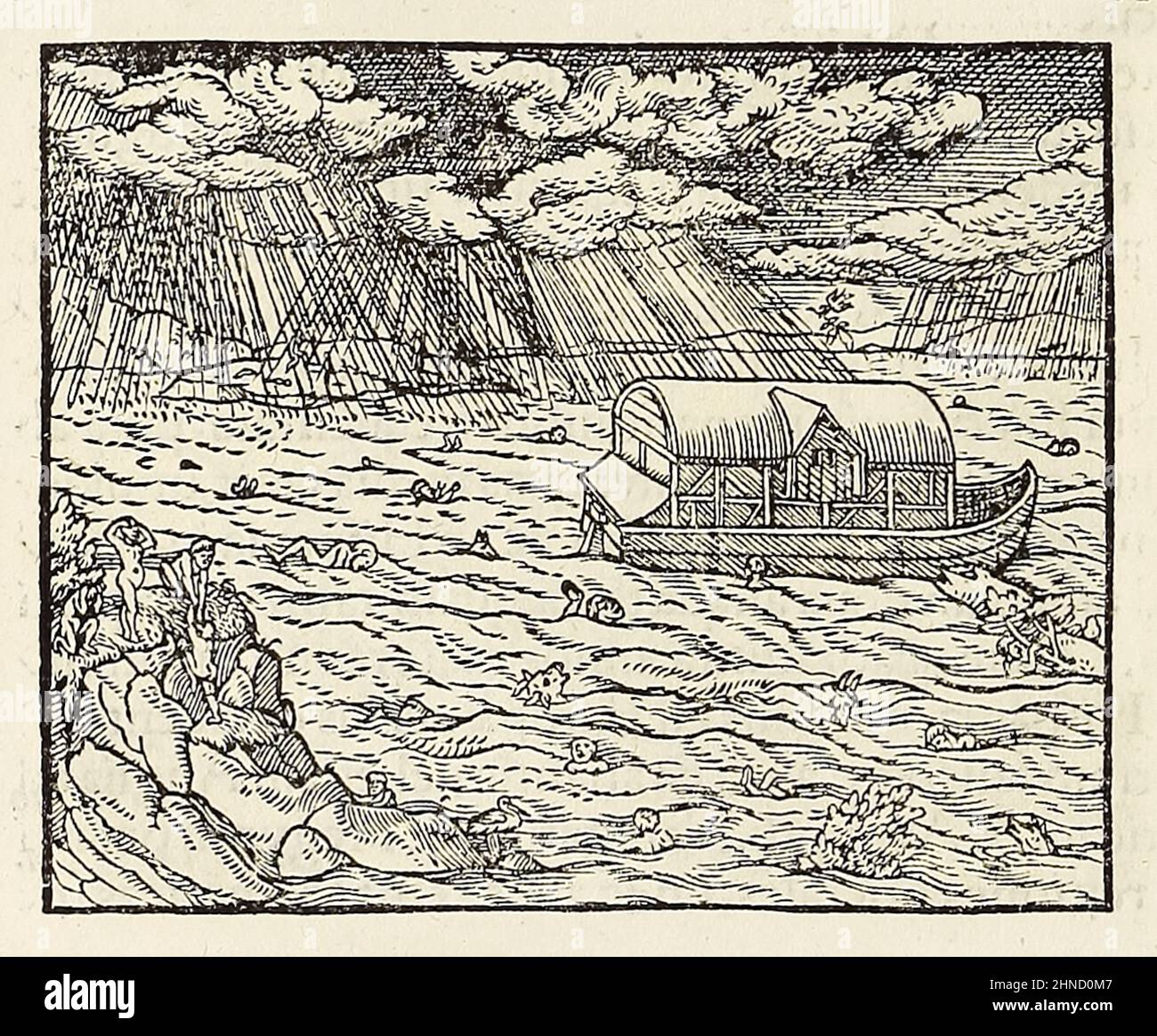L’Arca di Noè e il diluvio, legno tagliato dall’edizione 1550 di ‘Cosmographia’ di Sebastian Munster (1488-1552). Fotografia dell'edizione originale latina del 1550 della 'Cosmographia'. Foto Stock