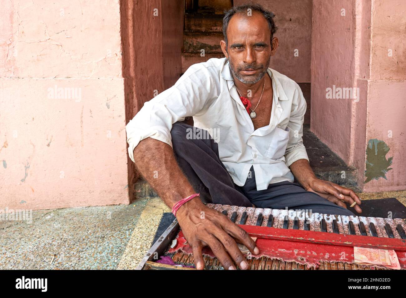 India Rajasthan. Esecuzione di musica per le strade di Deshnok Foto Stock