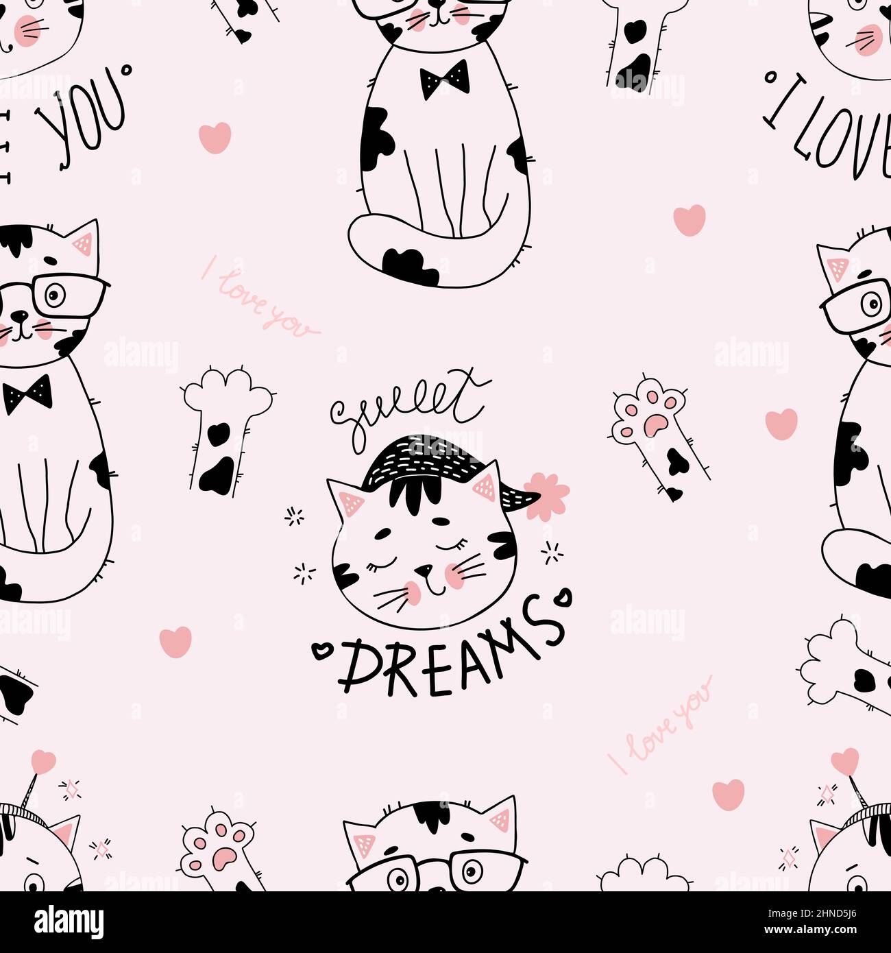 Ripetizione senza giunture. Gli animali carini sono gatti in bicchieri e cravatta, dormono in un bicchierino e gattano con cuori su sfondo chiaro con zampe di gatto. Vettore Illustrazione Vettoriale