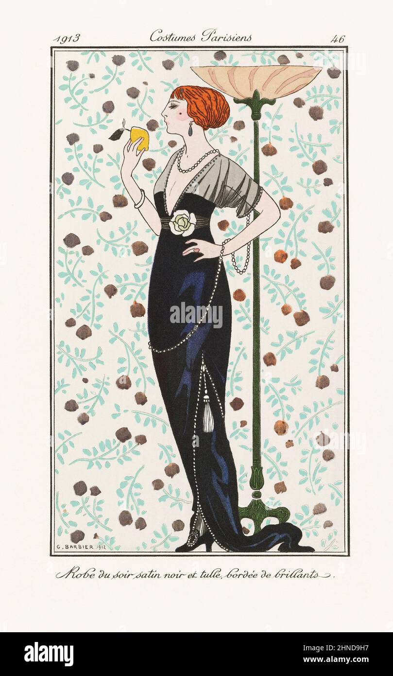 Accappatoio du soir satin noir et tulle, bordée de brillants - abito da sera in raso nero e tulle, rifinito con brillantanti. Stampa dalla rivista di alta moda Journal des Dames et des Modes, pubblicata dal 1 giugno 1912 al 1 agosto 1914. Dopo un lavoro dell'illustratore francese George Barbier, 1882 - 1932. Foto Stock