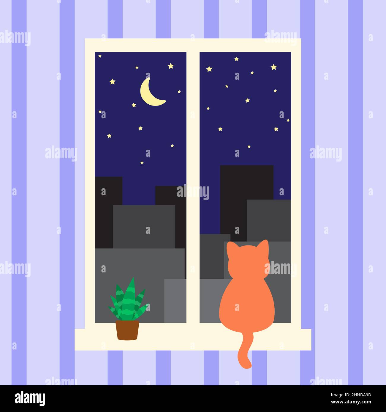 Gatto arancione seduto sulla finestra e guardando la città notturna. Illustrazione di casa accogliente. PET in attesa del suo proprietario. Illustrazione carina in stile cartoon flat Illustrazione Vettoriale