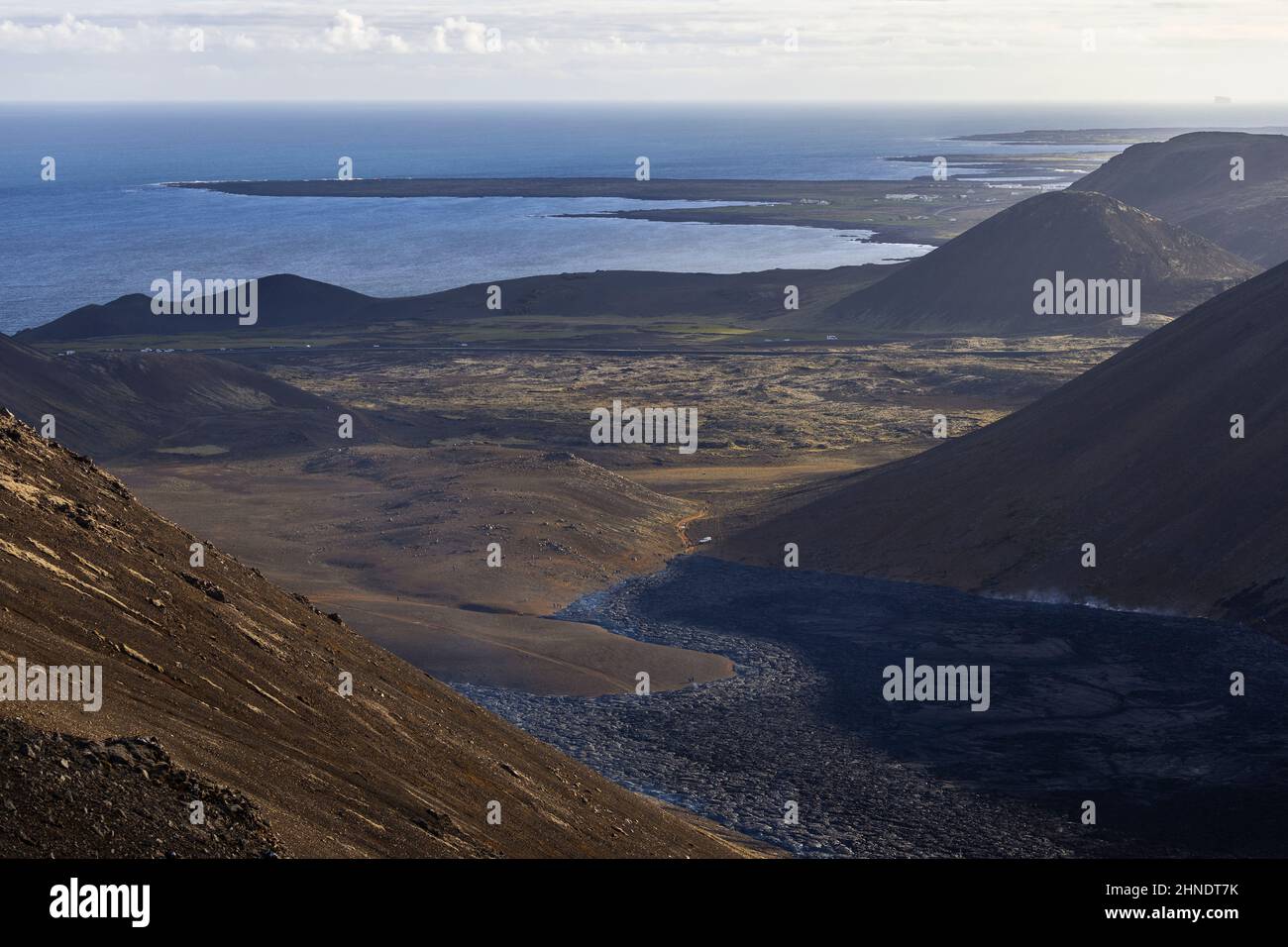 Campi di lava del vulcano Fagradersfjall, penisola di Reykjanes, Sudurland, Islanda, Nord Europa Foto Stock