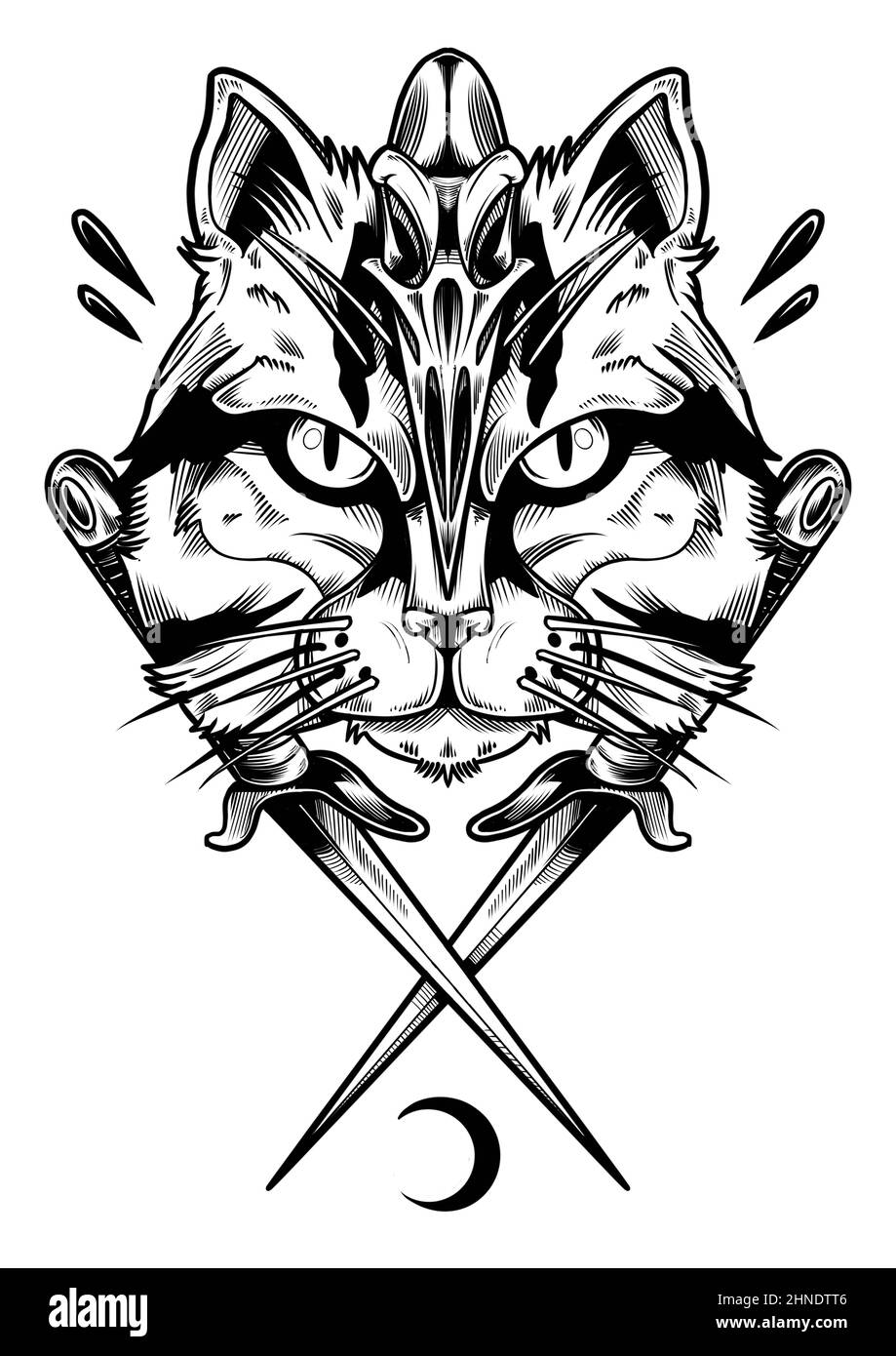 Cat Sais moderno, audace, contemporaneo, tatuaggio, design grafico illustrato. Inchiostro Ninja disegnato a mano gatto. Foto Stock