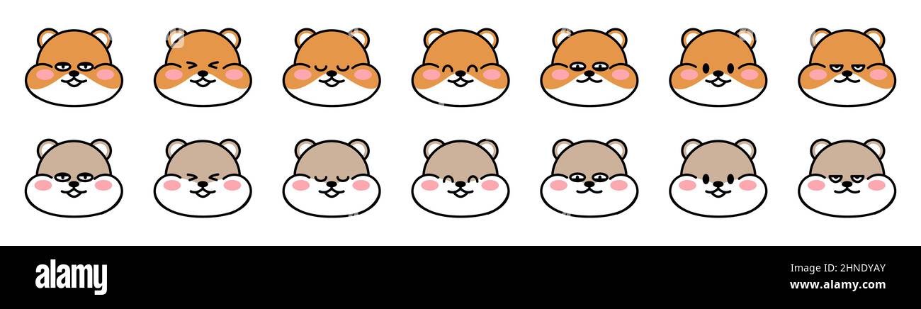 Set di simpatici criceti disegnati volti. Criceto Kawaii con diverse espressioni facciali. Collezione di avatar mascotte divertente personaggio animale adesivi Illustrazione Vettoriale