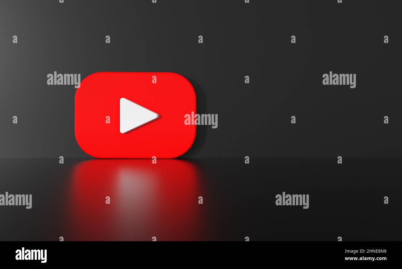 Logo YouTube su sfondo nero con ombra e spazio per testo e grafica. 3D rendering. Foto Stock