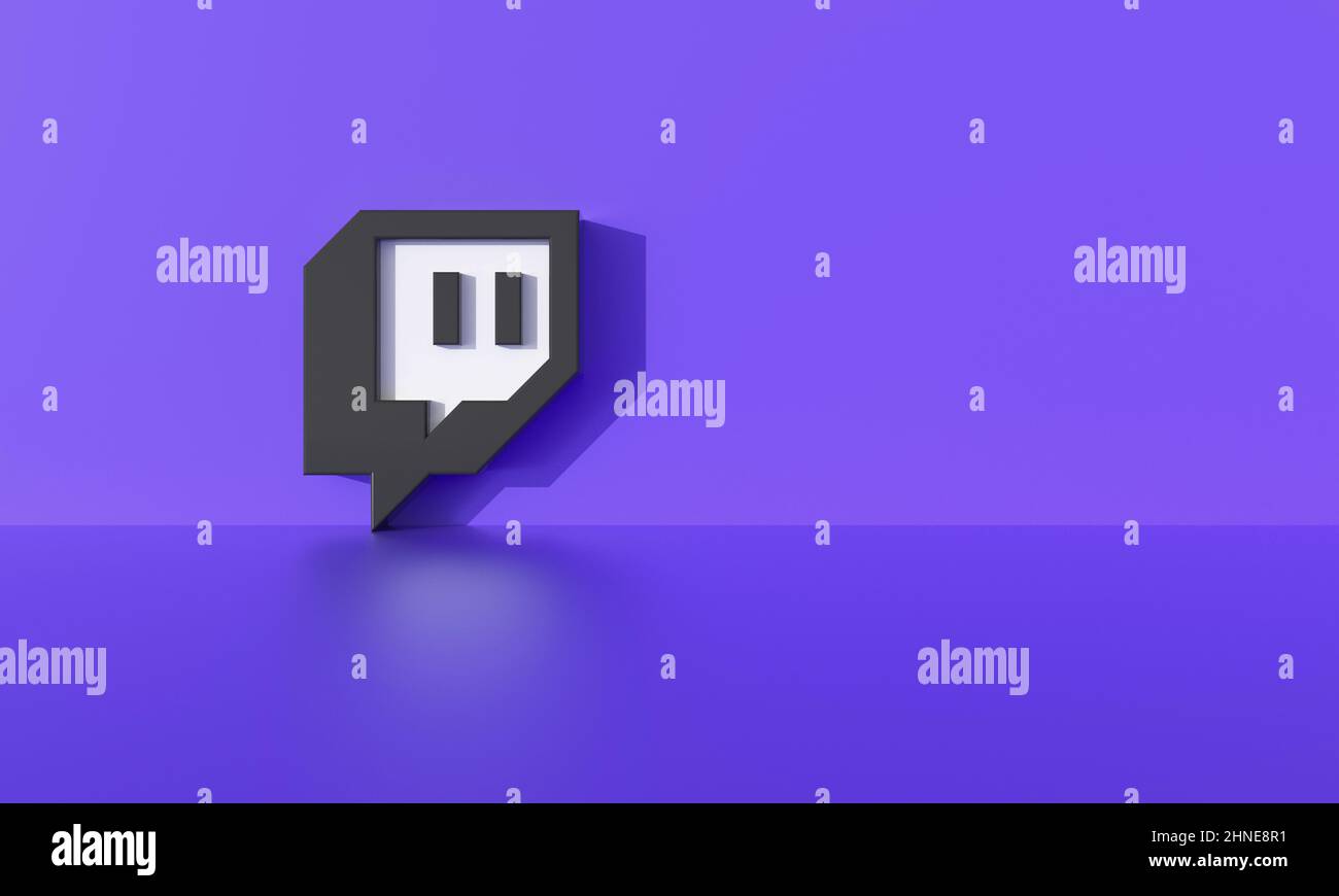 Logo Twitch sullo sfondo viola della parete con ombra dura e spazio per testo e grafica. 3D rendering. Foto Stock
