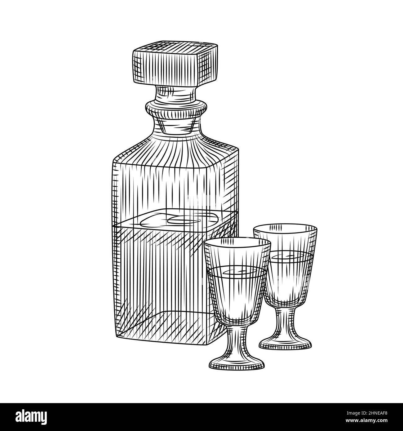 Decanter in vetro di cristallo di alcol disegnato a mano e due schizzi di vetro pieno colpo isolato su sfondo bianco. Per menu bar, biglietti, poster, stampe, imballaggi Illustrazione Vettoriale