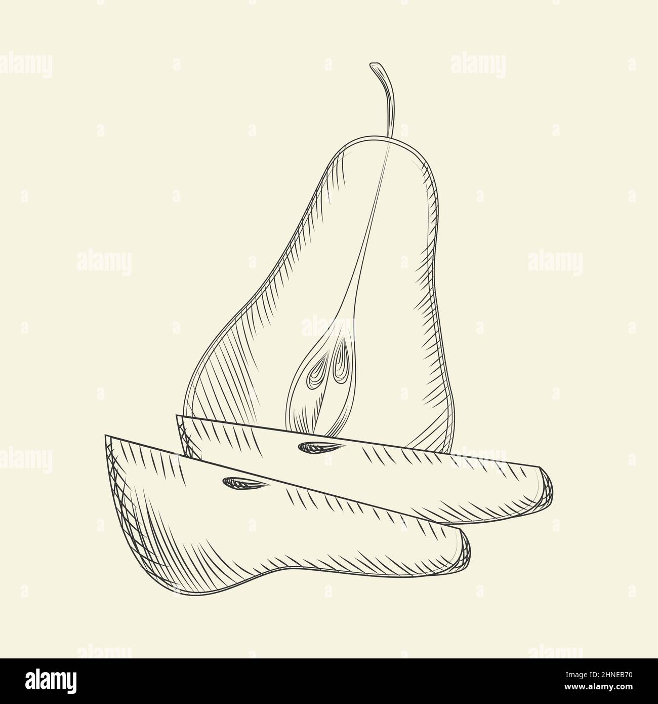 Pera disegnata a mano. Pere a fette mature isolate su sfondo. Incisione in stile vintage. Illustrazione vettoriale Illustrazione Vettoriale
