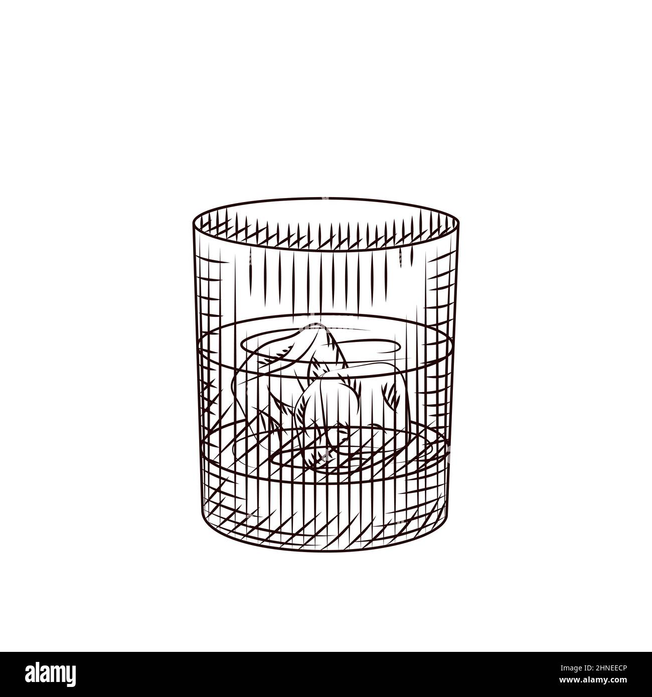 Vetro di whisky isolato su sfondo bianco. Cocktail alcolico disegnato a mano con ghiaccio in vetro di rocce. Stile vintage inciso. Per menu pub, carte, poster Illustrazione Vettoriale