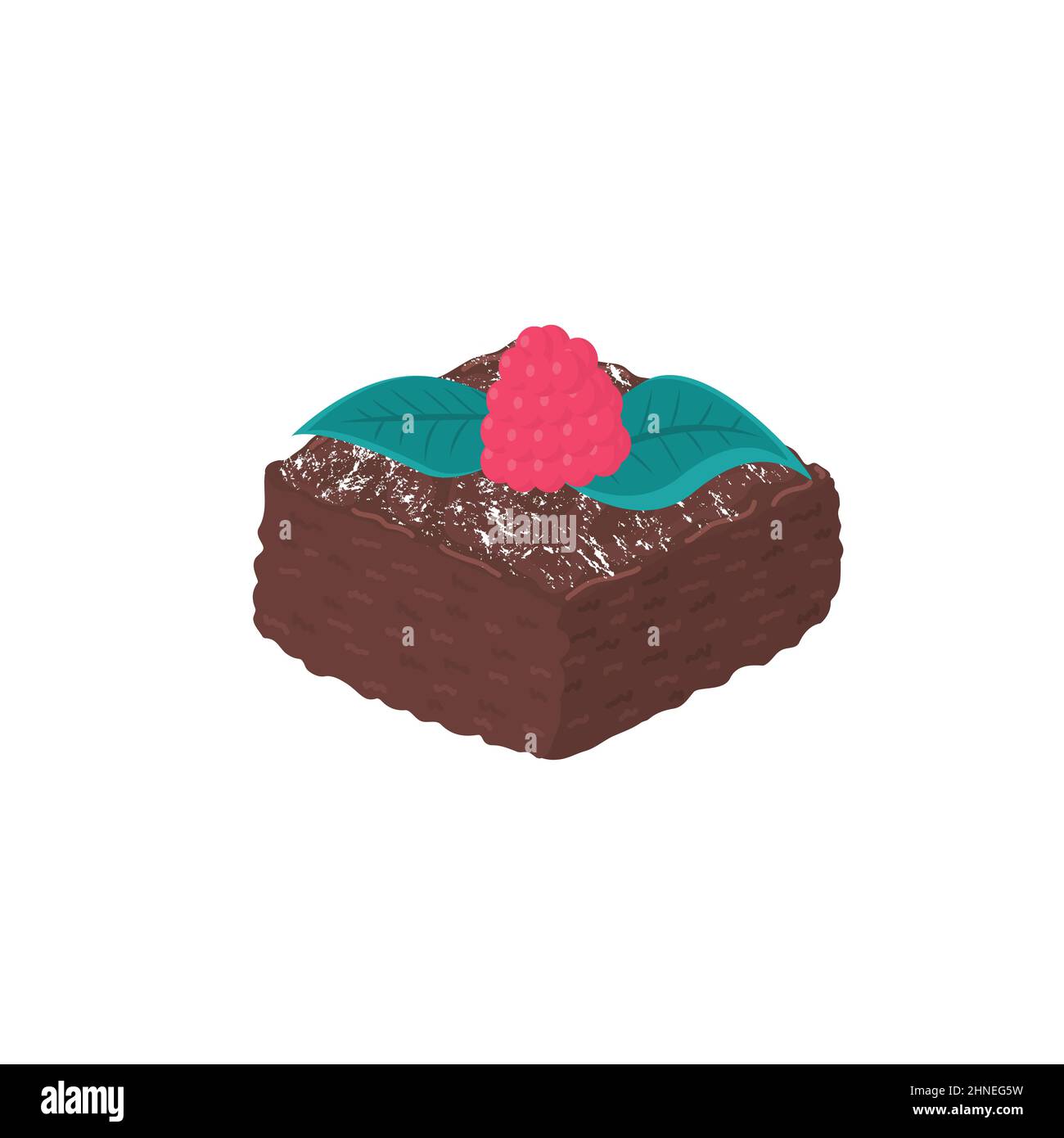 Illustrazione vettoriale del brownie al cioccolato isolata su sfondo bianco. Torta con foglie di lampone e menta in cima. Illustrazione Vettoriale