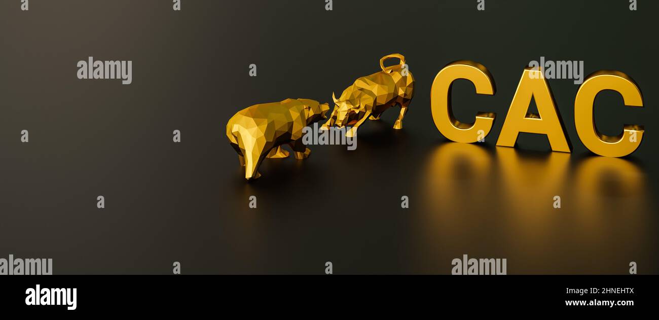 Concetto di indice delle scorte CAC. Un toro e un orso oltre al testo d'oro CAC (indice azionario francese chiamato 'Cotation Assistée en continu'). Formato banner Web Foto Stock
