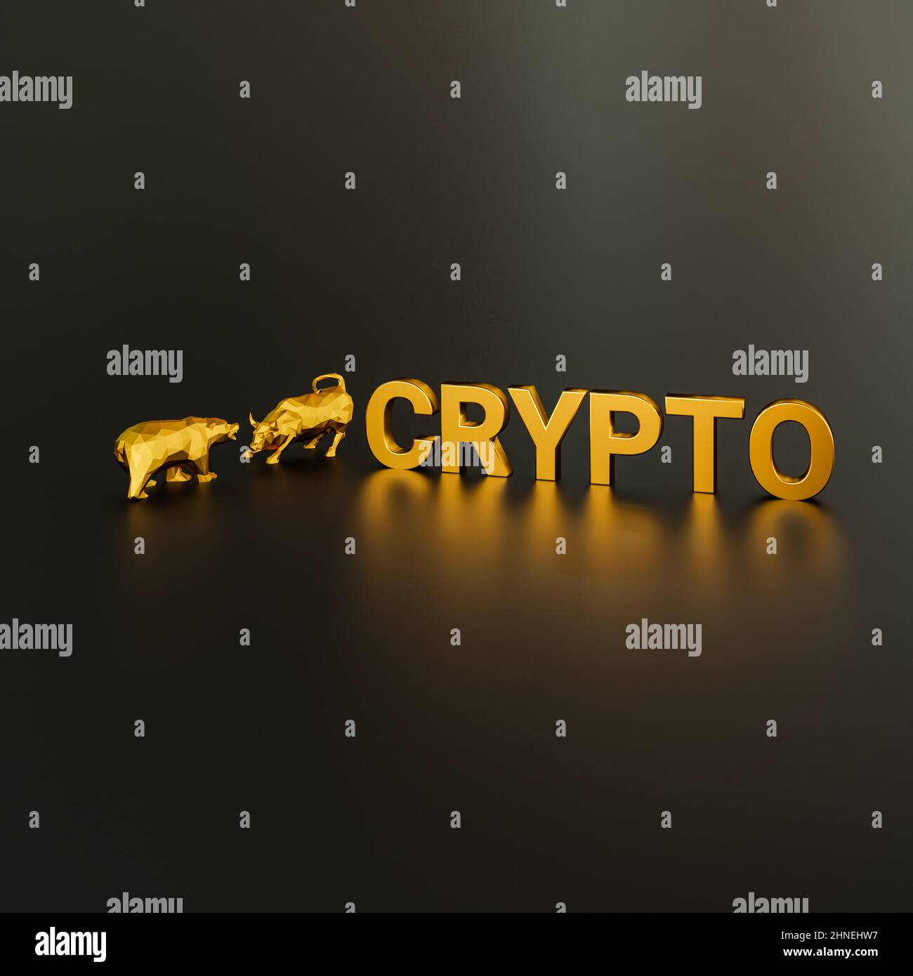 Trattare / speculare con cripto valute concetto. Un toro e un orso oltre al testo d'oro Crypto Foto Stock