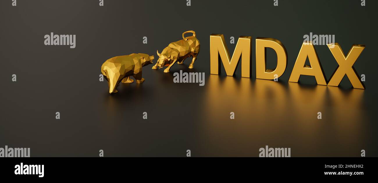 Concetto di indice azionario MDAX. Un toro e un orso oltre al testo dorato MDAX (indice azionario tedesco chiamato 'mid Cap DAX'). Formato banner Web Foto Stock