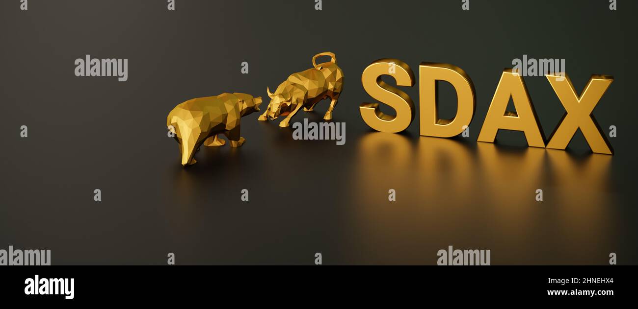 Concetto di indice azionario SDAX. Un toro e un orso oltre al testo d'oro SDAX (indice azionario tedesco chiamato 'Small Cap DAX'). Formato banner Web Foto Stock