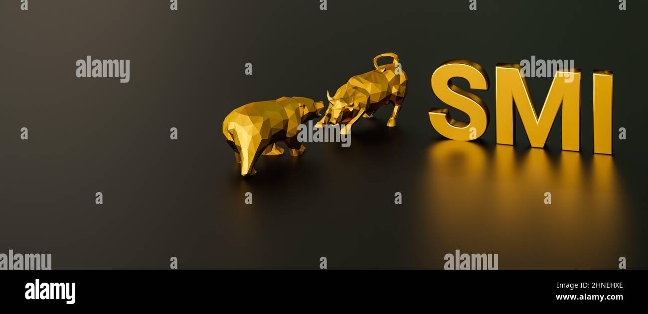 Concetto di indice azionario SMI. Un toro e un orso oltre al testo d'oro SMI (indice azionario svizzero denominato "indice del mercato del wiss"). Formato banner Web Foto Stock