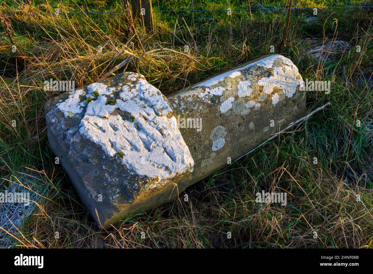 Pietra miliare rovesciata vicino al villaggio di Mey, Caithness, Scozia, Regno Unito Foto Stock