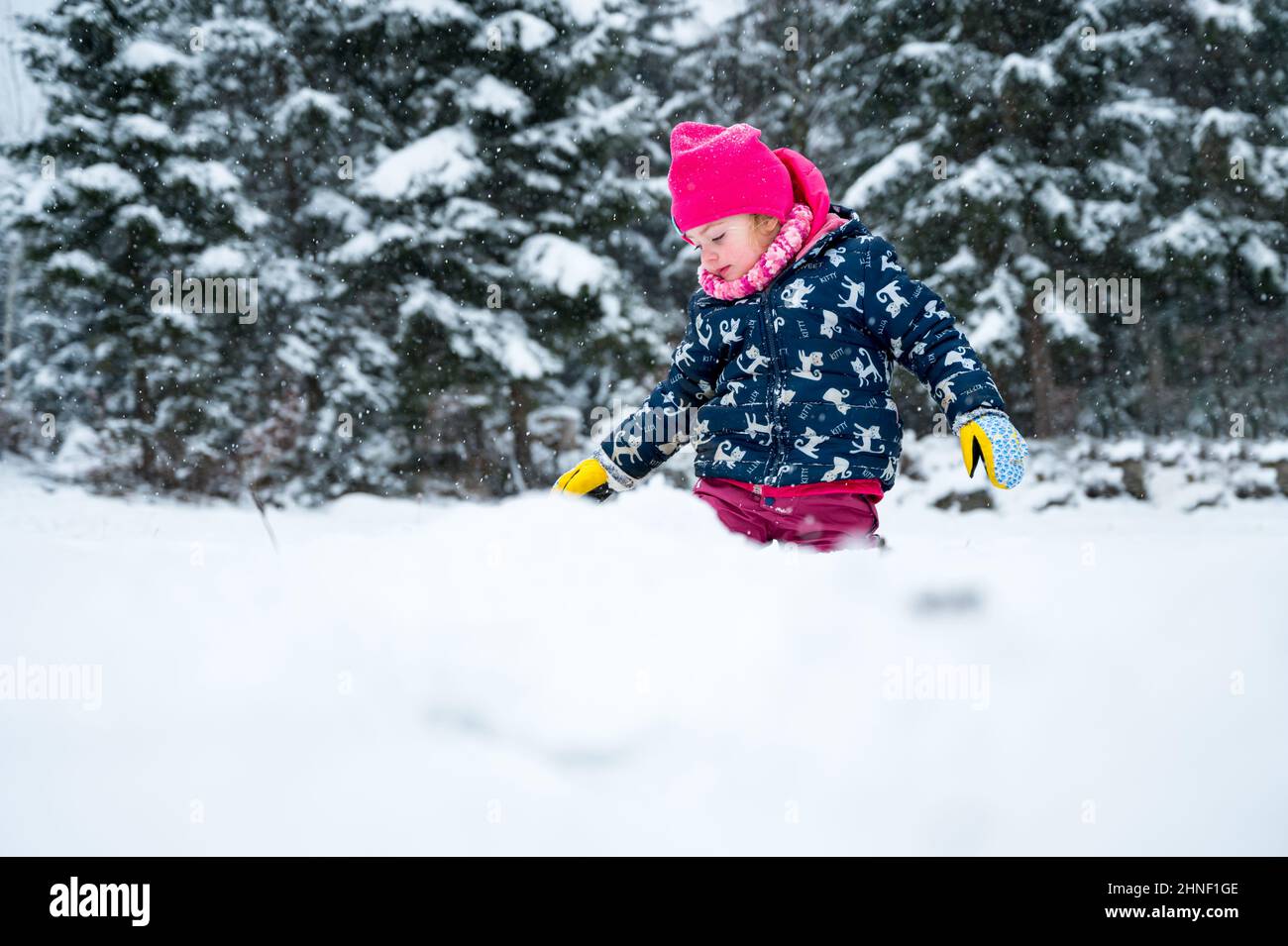 Ritratto di una ragazza carina che gioca con la neve al mattino freddo. Foto Stock