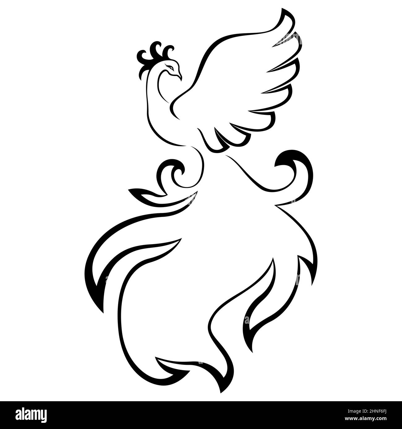 Contorno nero grazioso Firebird isolato sullo sfondo bianco, disegno a mano vettore illustrazione Illustrazione Vettoriale