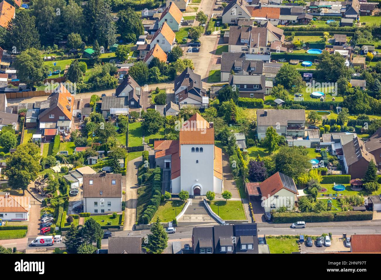 Foto aerea, Chiesa di Cristo a König Bönen, zona della Ruhr, Renania settentrionale-Vestfalia, Germania, luogo di culto, Bönen, DE, Europa, comunità religiosa, plac Foto Stock