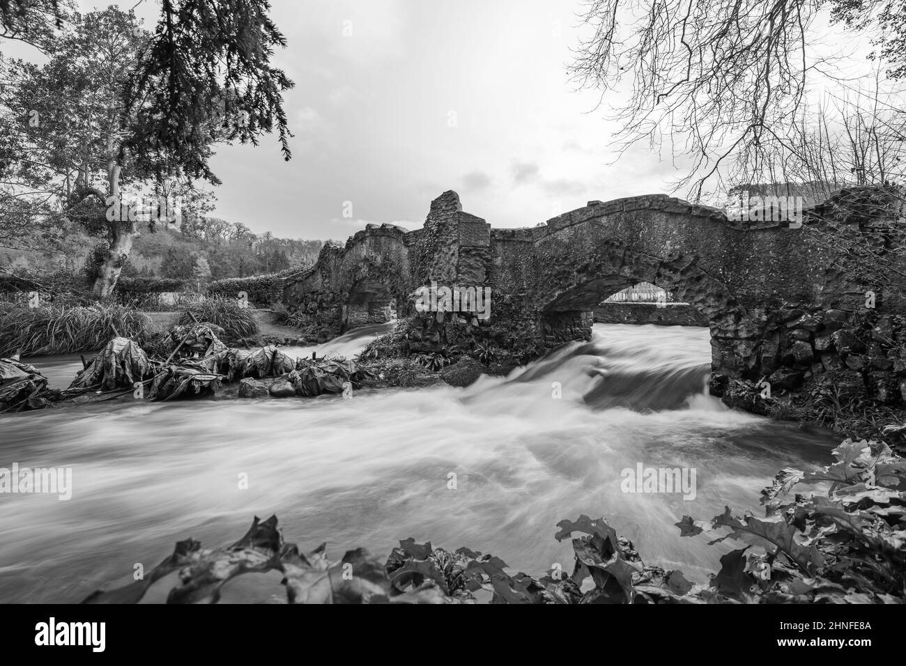 Lunga esposizione del fiume Avill che scorre sotto il ponte degli amanti nei terreni del castello di Dunster nel Somerset Foto Stock