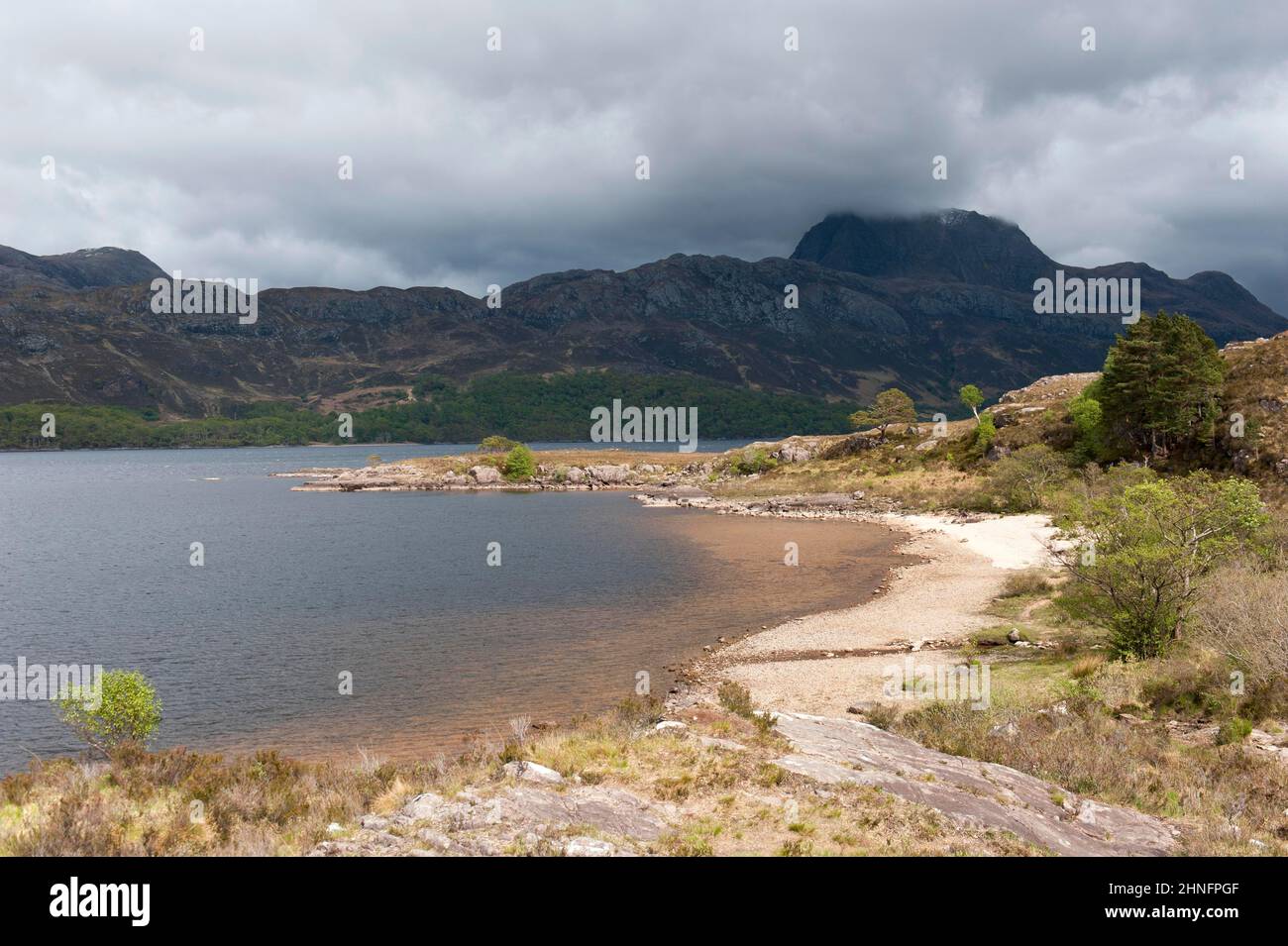 Flat bank, lago Maree Loch, Wester Ross, Northwest Highlands, Highlands, Scozia, Gran Bretagna, Regno Unito Foto Stock