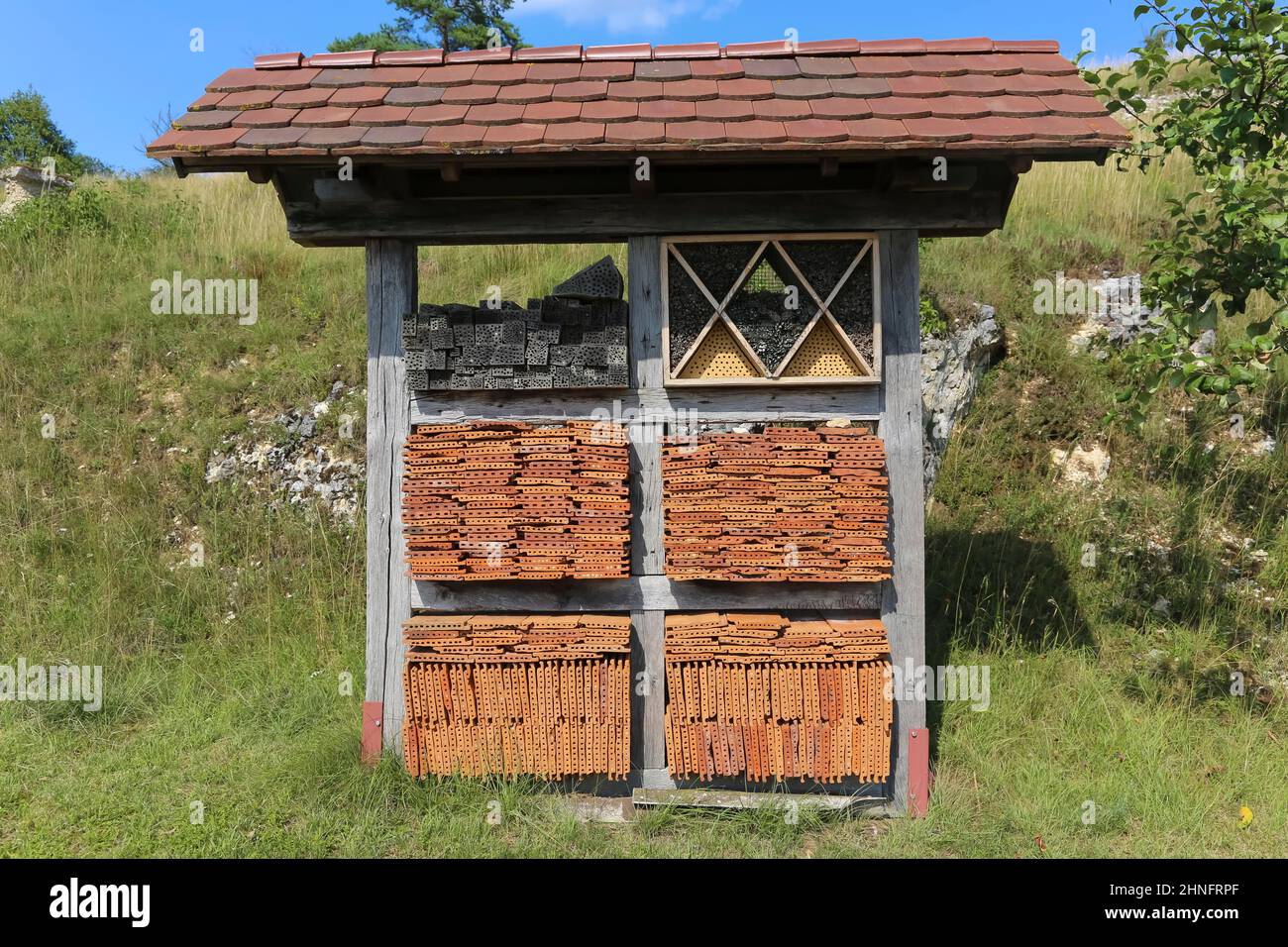 Wild Bee Hotel, Insect Hotel, Nesting Aid in a prato, Untermarchtal, Baden-Wuerttemberg, Germania Foto Stock