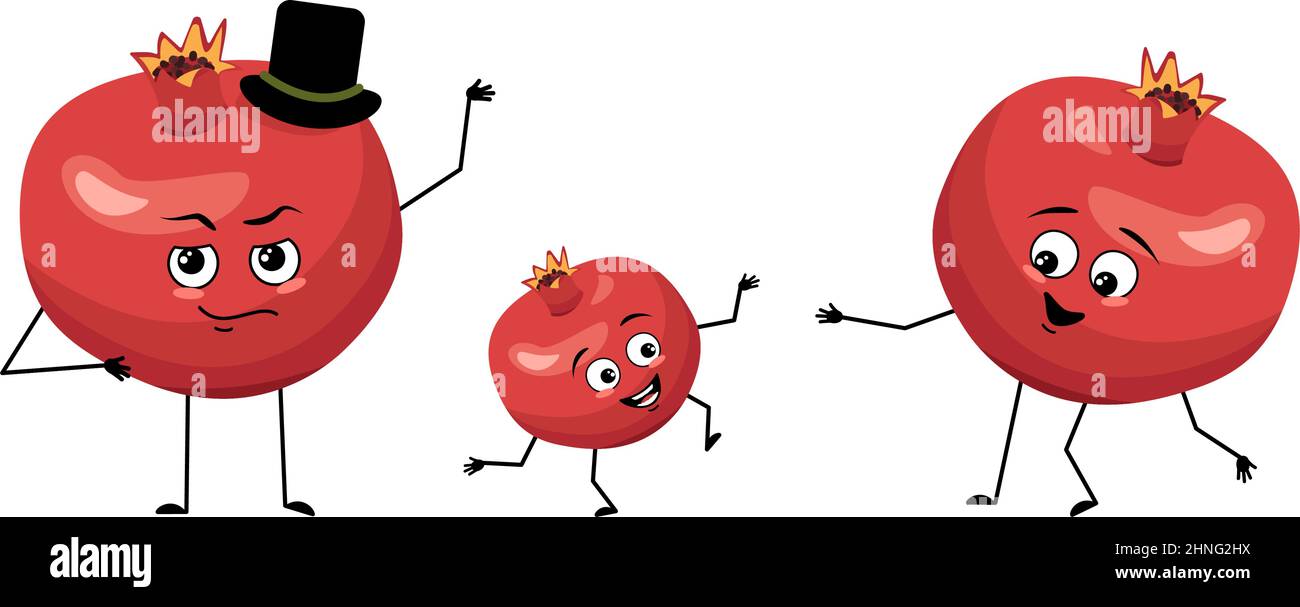 Famiglia di personaggi di frutta melograno con emozioni felici, viso sorriso, occhi felici, braccia e gambe. Mamma è felice, papà indossa un cappello e il bambino balla. Illustrazione piatta vettoriale Illustrazione Vettoriale