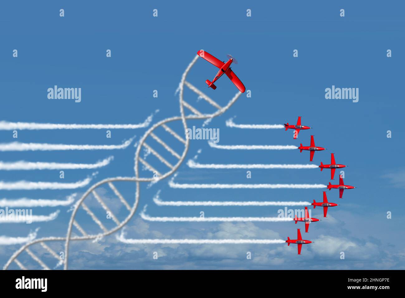 Inquinamento dell'aria e concetto di DNA come aeroplano con fumo a forma di filamento a doppia elica con 3D elementi di illustrazione. Foto Stock