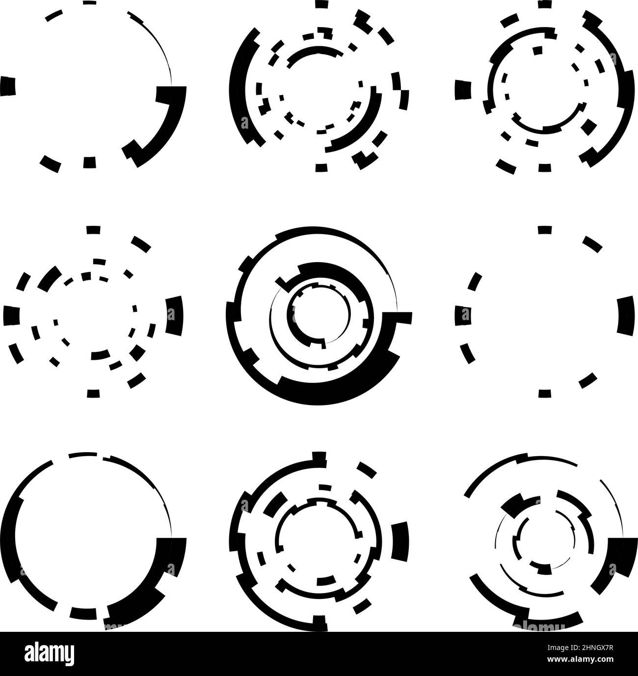 Grafico cerchio astratto. Cerchio geometrico, elemento di design ad anello. Icona circolare, a forma angolare concentrica, simbolo - illustrazione vettoriale di scorta, clip-art Illustrazione Vettoriale
