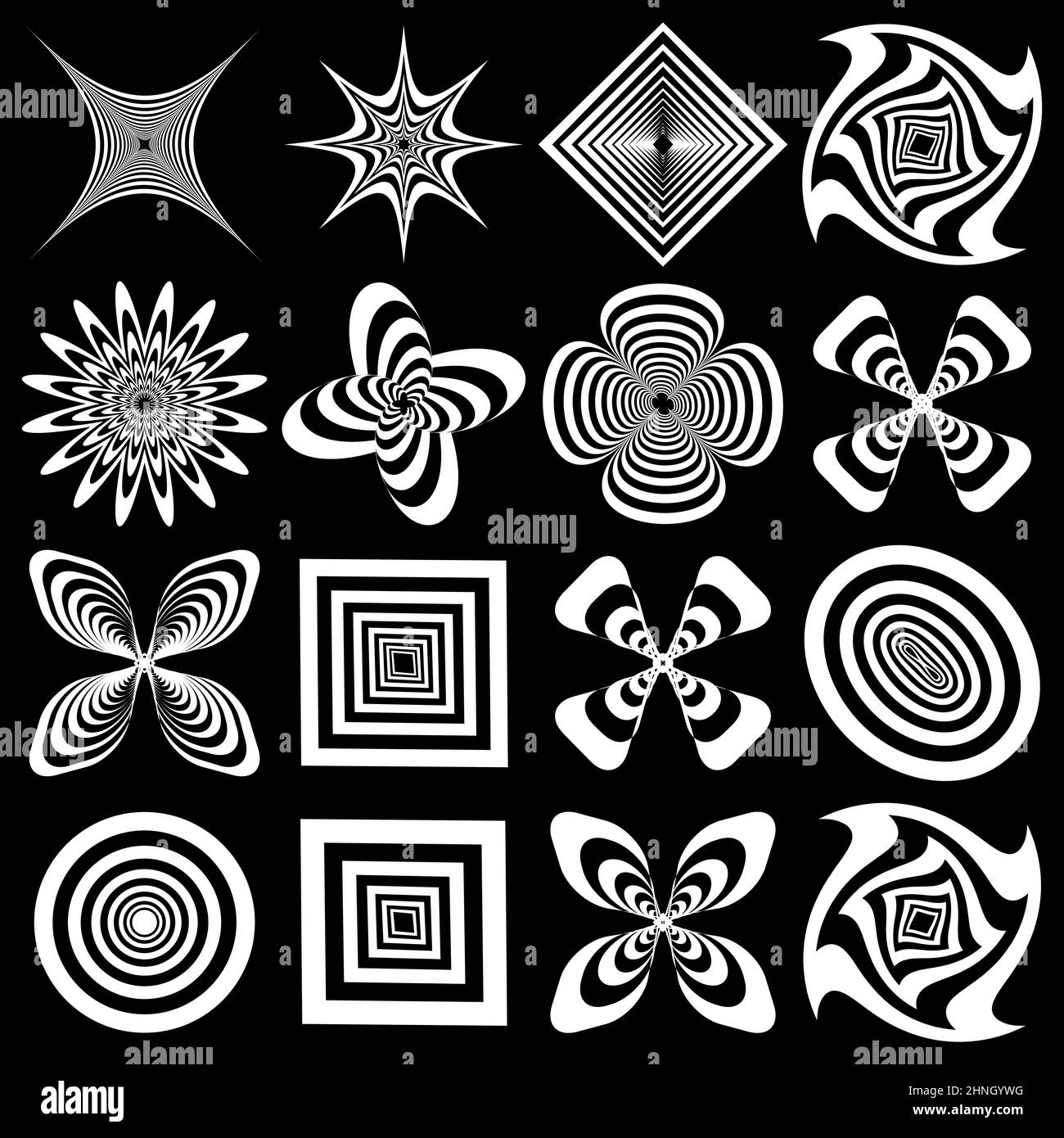 Elementi op-art astratti. Ottica, forme di arte visiva, icone, simboli - illustrazione vettoriale di scorta, grafica clip-art Illustrazione Vettoriale