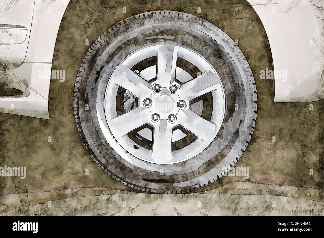 Illustrazione disegno di una ruota in lega d'argento e freno su pneumatico Foto Stock