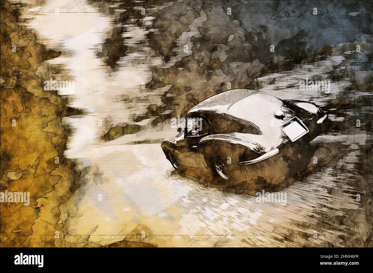 Illustrazione schizzo di un roadster italiano vintage su strada di montagna Foto Stock