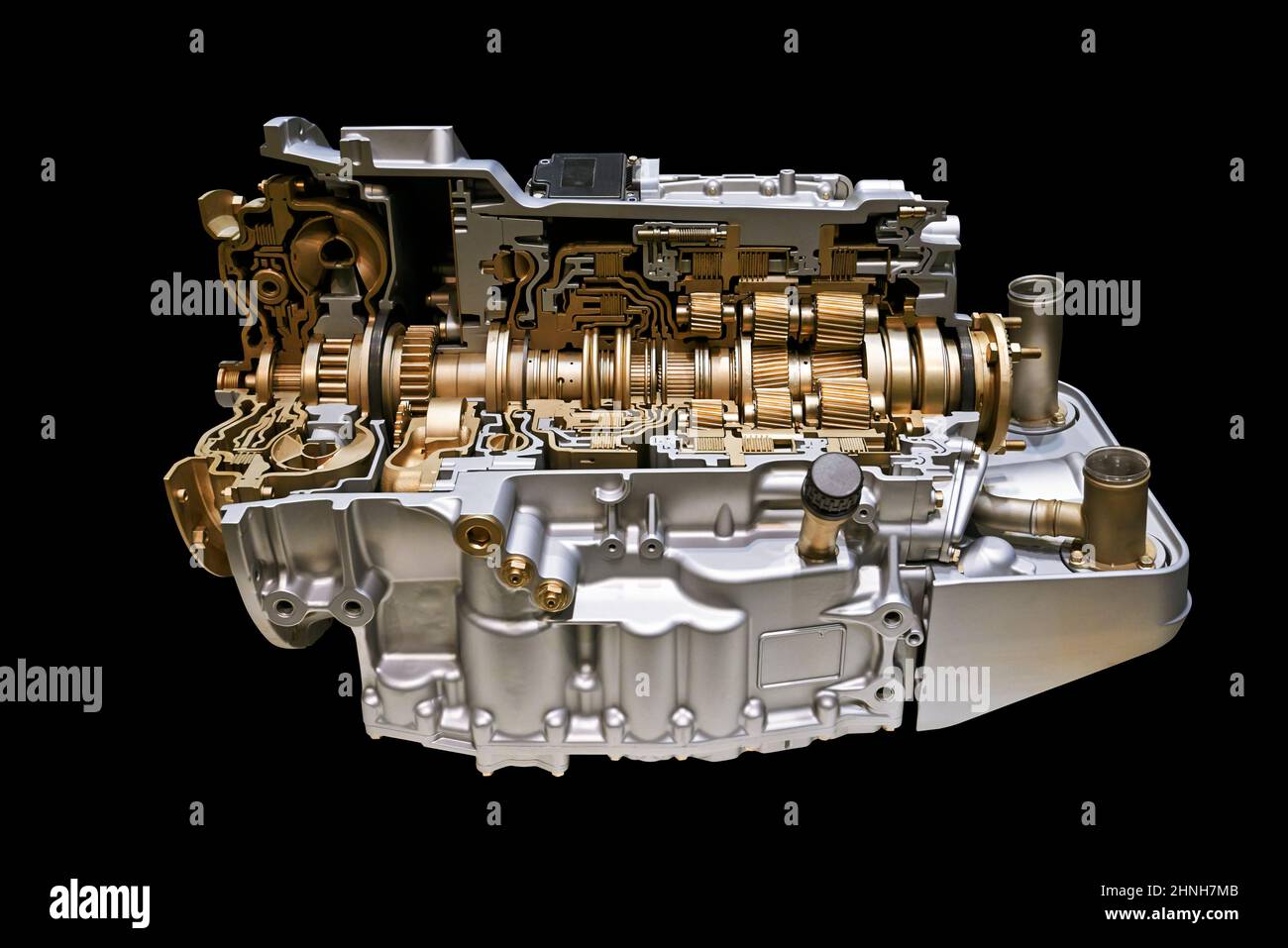 Illustrazione disegno di un motore e di un cambio di velocità di un'auto moderna. Sezione trasversale Foto Stock