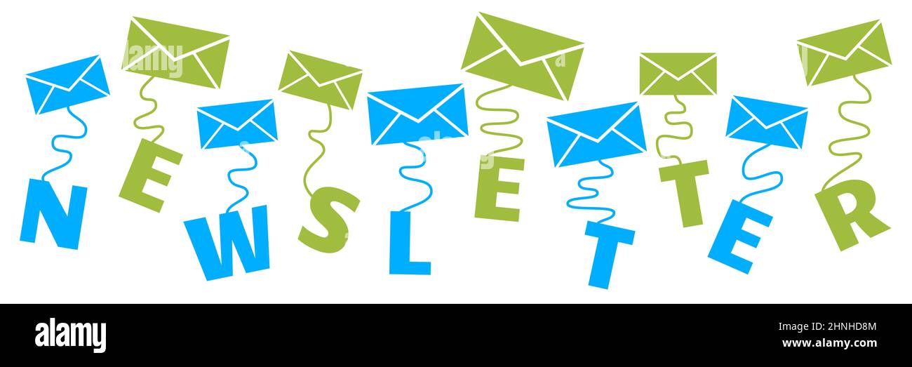 Visualizzazione del testo della newsletter dai simboli della busta Blu Verde Foto Stock